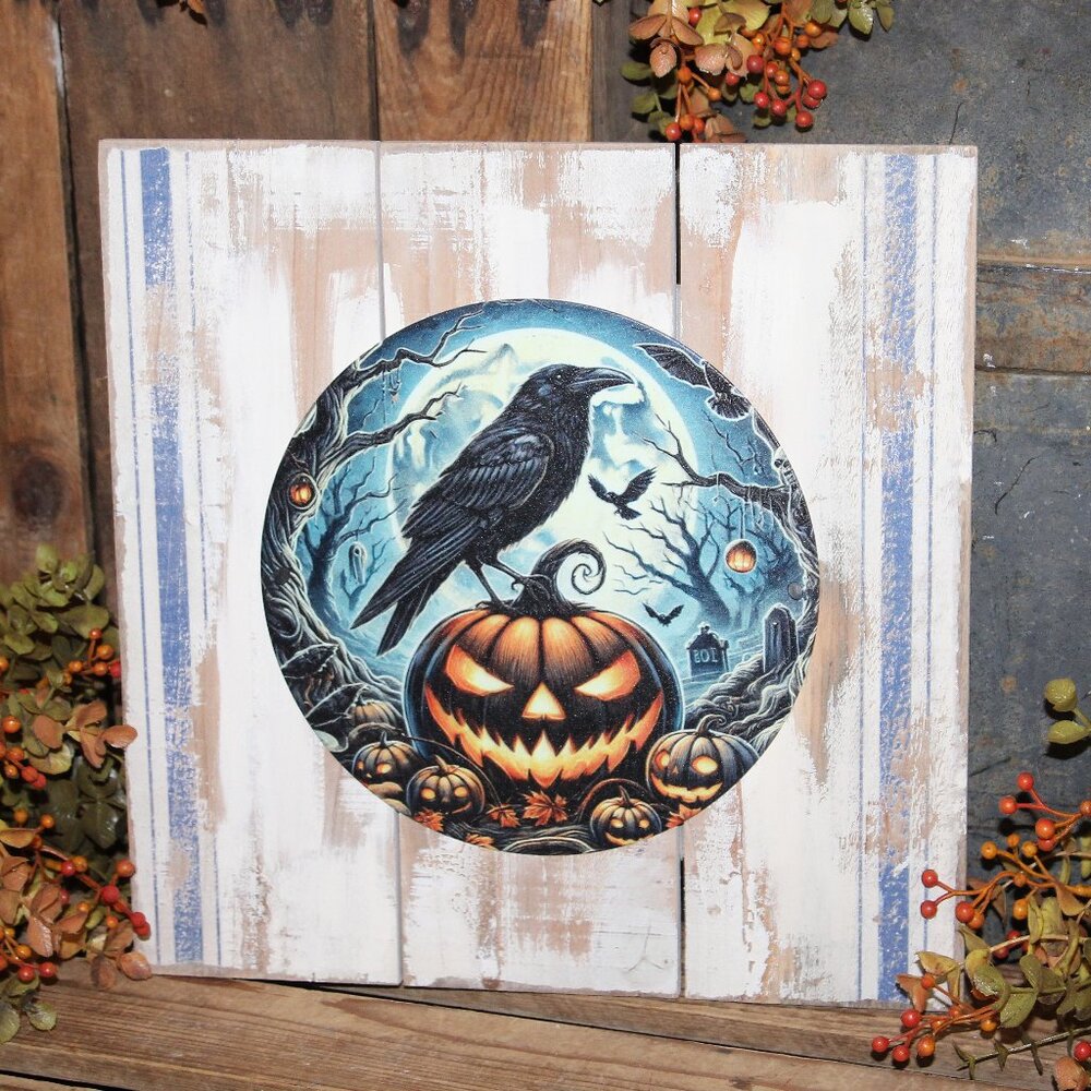 Rustic Distressed Black Crow on Jack-O-Lantern Farmhouse Halloween Wall Decor